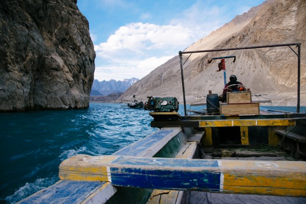 Crossing Attabad Lake, Pakistan. Since the landslide in 2010, the only way to travel through Gilgit-Batistan Region is to cross Attabad Lake by boat. 